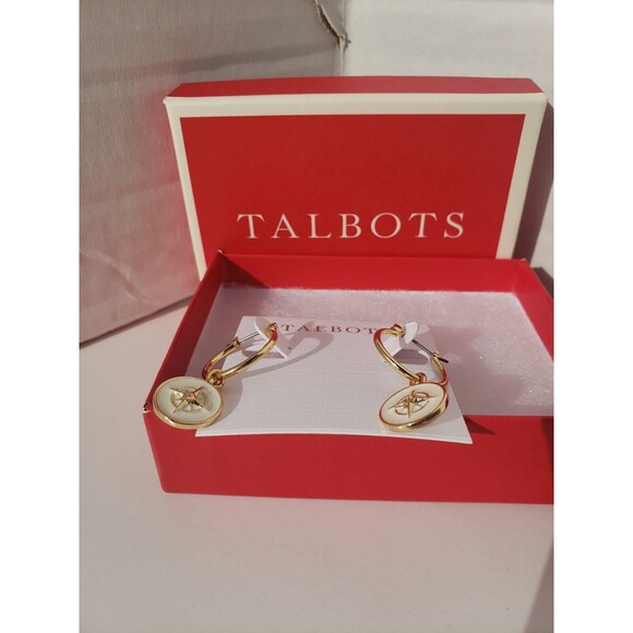 NWT Talbots Ivory Cream Enamel Drop Hoop Dangle Earrings Nautical Gift Party - Picture 4 of 8